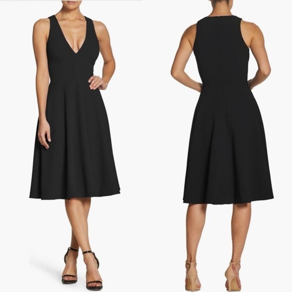 Dress the Population Catalina Black V-neck Fit & Flare Cocktail Party Dress S